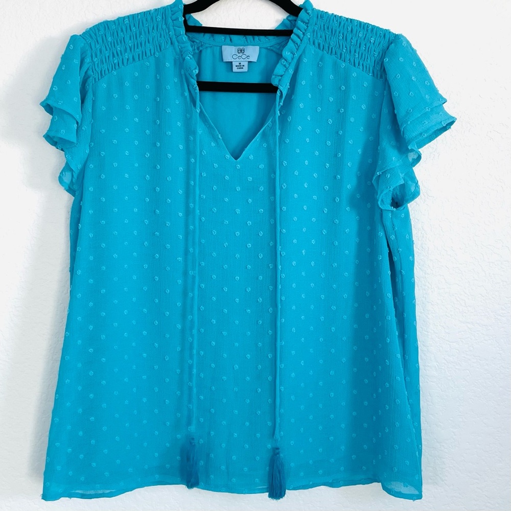 CECE • Aqua, swiss dot blouse with ruffle sleeves • Medium